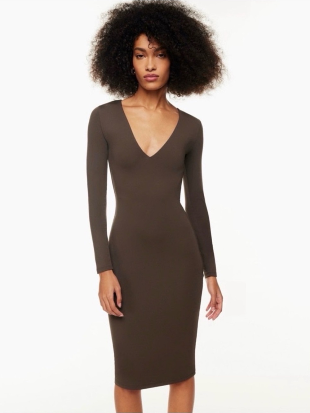 Aritzia Babaton Contour Bodycon V Neck Long Sleeve Dress XS Chocolate Brown